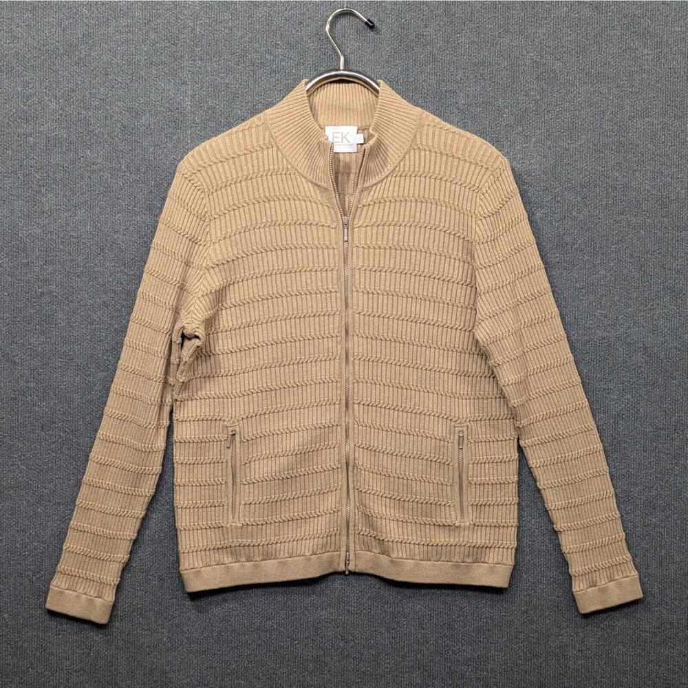 Edinburgh Knitwear EK Cardigan Womens Large Zip Up Basket Knit Pockets Beige